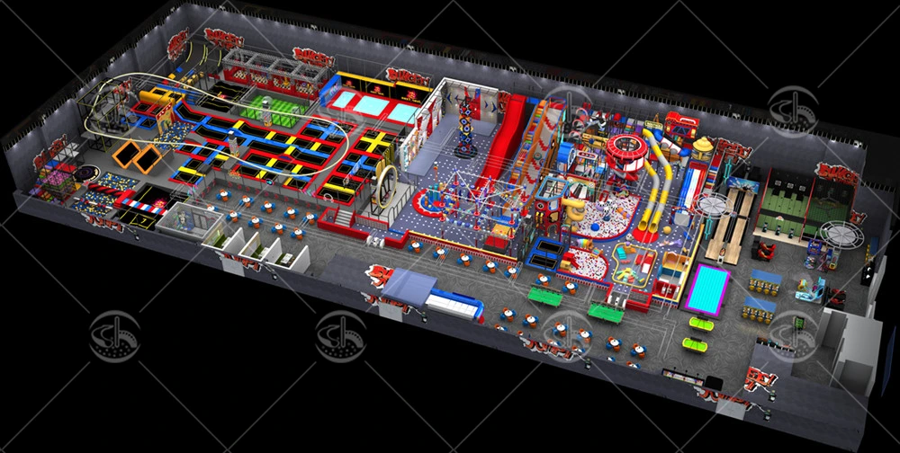 3D layout design of a large commercial indoor playground featuring various soft play, climbing, and interactive zones.