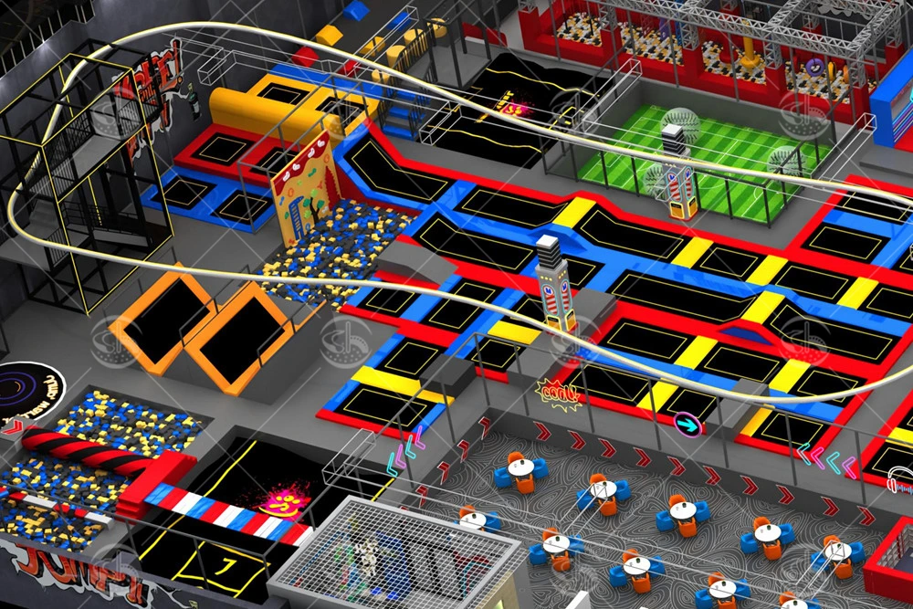 Indoor trampoline park with interconnected trampolines, foam pits, and ninja obstacle elements.
