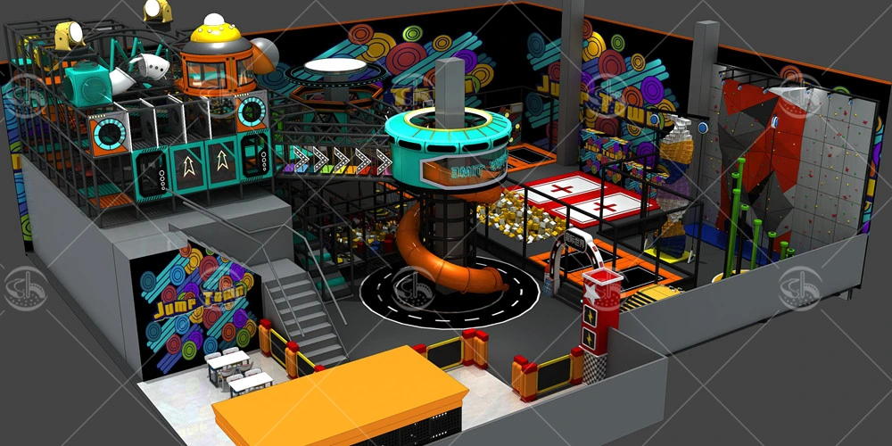 3D design rendering of a comprehensive commercial indoor playground with multi-level structures and colorful themes.