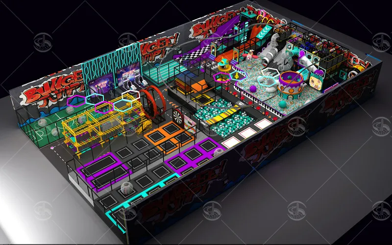 Hybrid family entertainment center layout integrating soft play, trampoline zones and interactive amusement facilities for multi‑age visitors