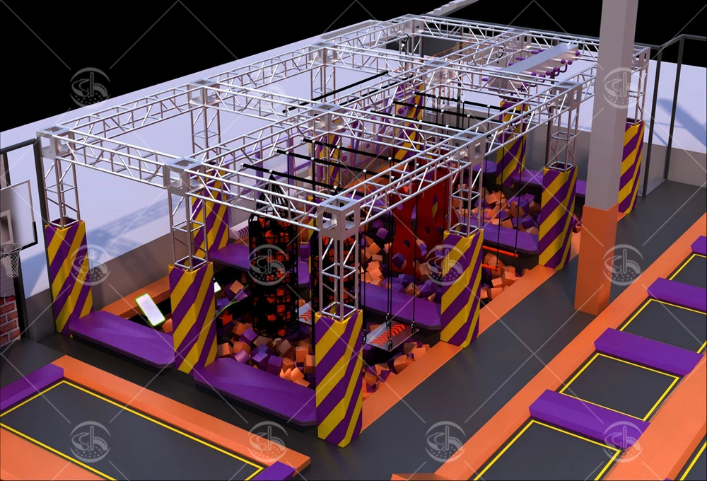 Indoor ninja warrior obstacle course with climbing nets, balance beams, and padded structural pillars.