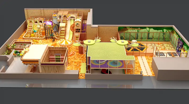 Full aerial view rendering of commercial indoor play center layout