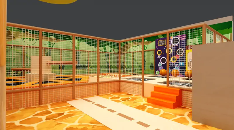 Indoor playground entrance passage with safety fence and steps