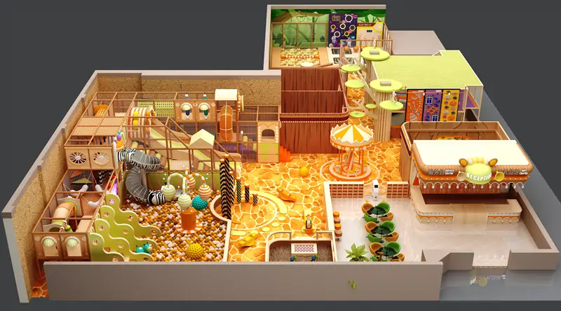 Overall birdview layout of commercial indoor playground with ball pit and play structures