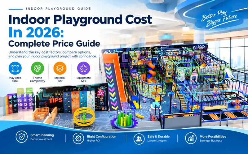 Commercial indoor playground layout with colorful slides, climbing equipment, and activity zones for children.