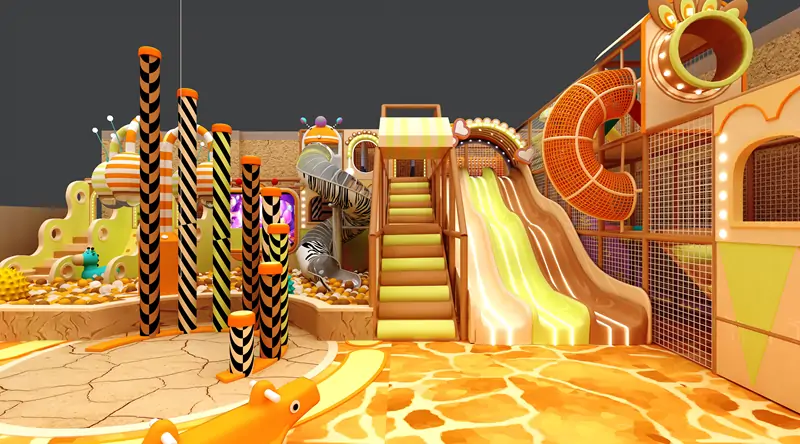 Slide zone with climbing structures in indoor children playground