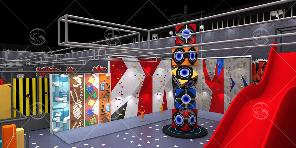 Indoor rock climbing wall featuring colorful holds and interactive LED gaming elements.