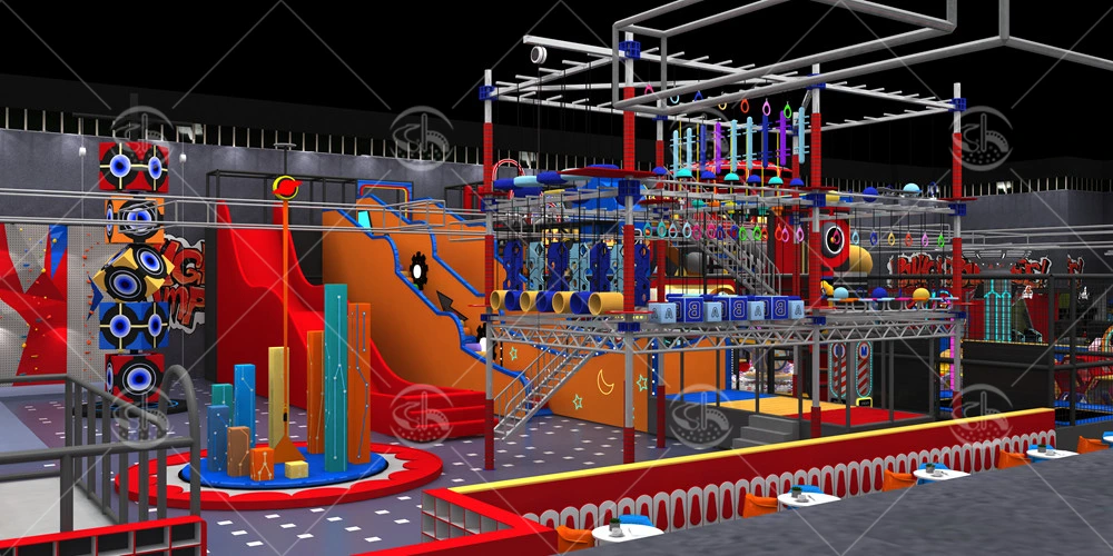 Modern indoor playground featuring IP-themed elements, complex soft play structures, and ninja obstacles.