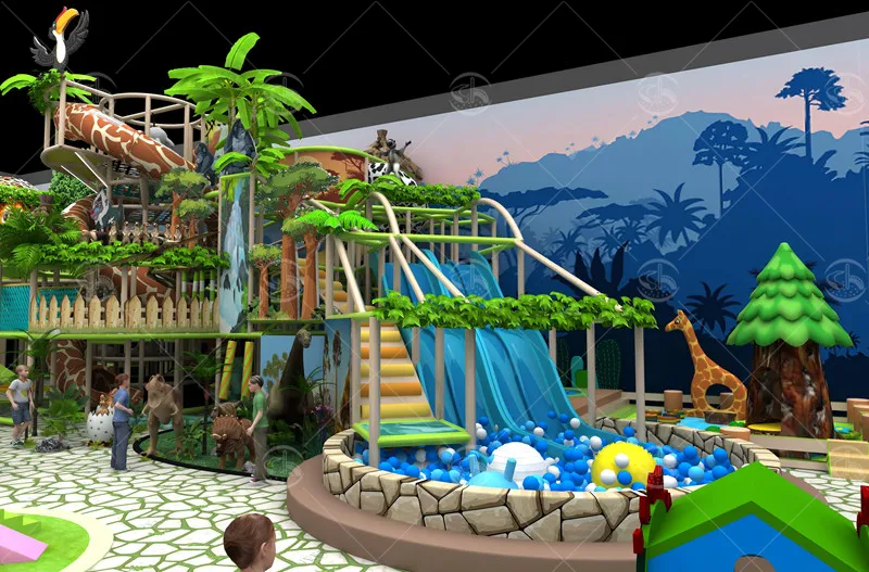 Jungle‑theme multi‑level kids play structure fitted with slides, ball pit and nature‑style decorative elements