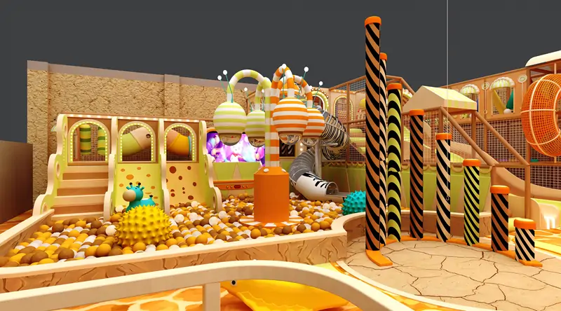 Close-up of soft play area with ball pit and slide in indoor playground