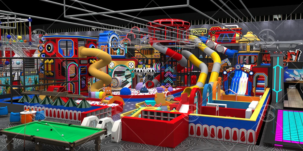 Colorful soft play playground equipment featuring tube slides, ball pits, and obstacle courses for kids.