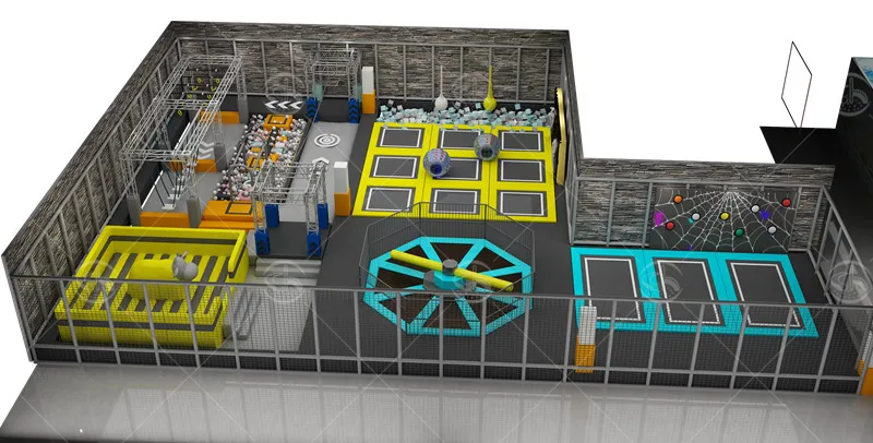Trampoline park functional zone plan including free jump area, foam pit, ninja obstacle and climbing wall facilities